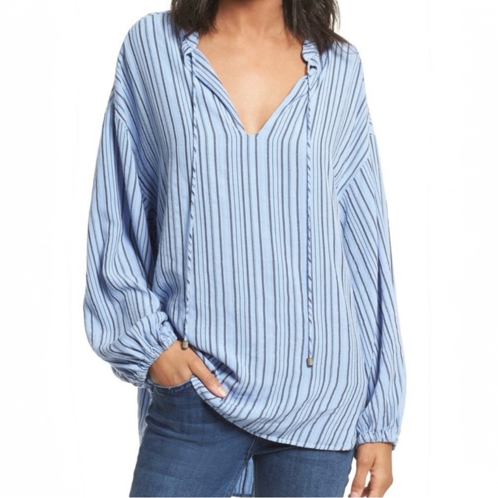 Free People Blue Striped Tassel Tie Neck Pullover High Low Relaxed Tunic Top S